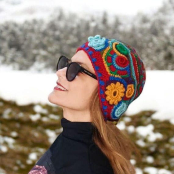Handmade Colorful Freeform Beanie – Boho Chic Multicolor Hat  display picture 1