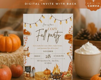 May include: A digital party invitation card featuring a white wood-plank background, string lights, and autumn illustrations including pumpkins, a campfire, and pie. The text reads: Join us for a COZY Fall party, Get ready for cozy vibes, tasty treats, and autumn fun all in one!, NOVEMBER, FRIDAY 28 AT 20:00 PM, 123 Anywhere St., Any City, ST 12345.