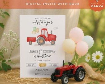 May include: A white birthday invitation card featuring a red tractor illustration, balloons, and text that reads: Start your tractor and put it in gear, James 1st birthday is almost here, Dec 04, 1-5 PM, at 123 anywhere st. any city, st 12345.