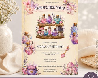 Fairy Potion Party Invitation, Editable Kids Birthday Template, Pink Purple Garden Butterfly age six Card, Canva Instant Download, FAN07