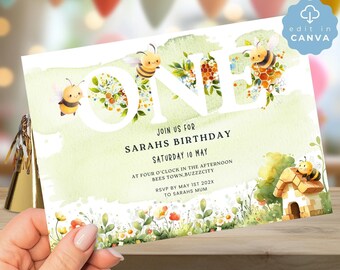 Invitación digital para el primer día de las abejas, invitación de cumpleaños, plantilla editable de Canva para el primer cumpleaños, abejas amarillas, niña o niño, descarga, tema de miel adorable, SPP20
