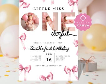 コケットピンクのリボン1歳の誕生日招待状、リトルミスワンダフル、ボヘミアンスタイル、デジタルダウンロードテンプレート、Canva、ミニマリスト、写真、SPP09