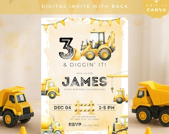 3 and Diggin It Birthday Invitation , Editable Construction Party Invite, Printable Boy's Digger Dump Truck Theme, CONST