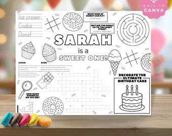 Mantel individual para colorear de primer cumpleaños, actividad infantil con temática de "dulce cumpleaños", divertida hoja imprimible para recuerdos de fiesta, Canva, editable digitalmente SPP27