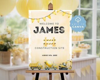 Panneau de bienvenue pour une fête sur le thème des travaux, modèle d'anniversaire modifiable, décoration camion-benne, pelleteuse, téléchargement instantané, panneau de fête personnalisé, à imprimer, CONST
