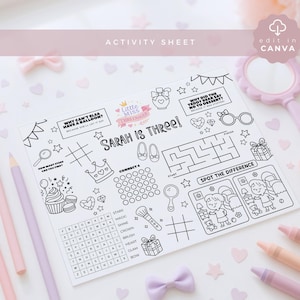 Fiche d'activités « Petite Miss Trois Ans », set de table pour le troisième anniversaire d'une fille, à imprimer, à colorier, GIRL01