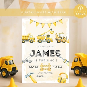 Dirty 3rd Party, Editable Construction Birthday Invite, Digger Truck, Instant Download, Dump Truck, Boy third invitation, Edit Canva, CONST