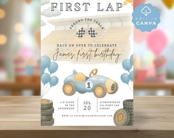 First Lap Around the Track Birthday Invitation, Editable Canva Race Car Invite for 1st Birthday, Blue Party invite, Digital Download, SPP29