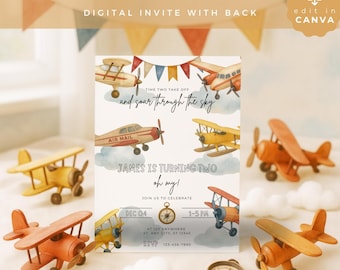 Time TWO Take Off Birthday Invitation, Editable Airplane Invite, Digital Download, Canva Template for Boys 2nd, VEH03