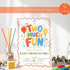 Peut inclure: Une carte d'invitation d'anniversaire rectangulaire blanche avec une bordure orange ondulée. Le texte indique IT'S TWO MUCH FUN, JAMES SECOND BIRTHDAY, FEB 16, 4 O'CLOCK IN THE AFTERNOON, COUNTRY CLUB 234 NAME STREET et RSVP HELLO@EMAIL.COM.