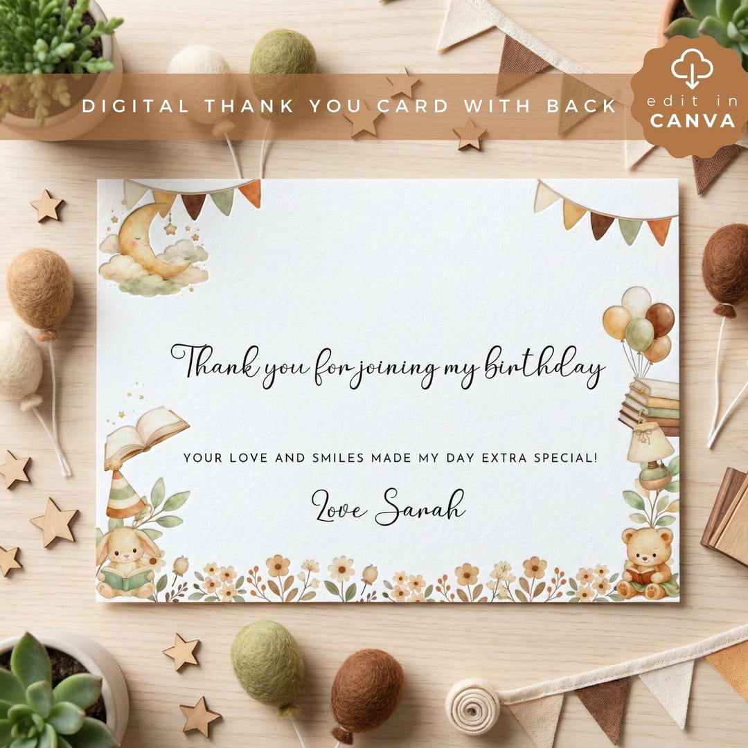 Chapter One Storybook Birthday Thank You Card, Editable Canva Template ...