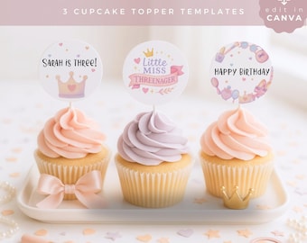 Little Miss Threenager Cupcake topper, Birthday decoration, Editable Digital Download, Printable Party favor Template, GIRL01