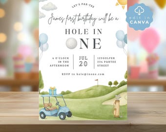 Golf First Birthday Invitation, Hole-in-One Golf Par-Tee Card Invite, Editable Digital Download for Party Invitations, Canva Template, SPP30