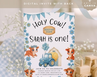 Holy Cow I'm One Invitation, Editable Cow Birthday Invite for Girls, Digital Download, First Birthday Party, ANI01