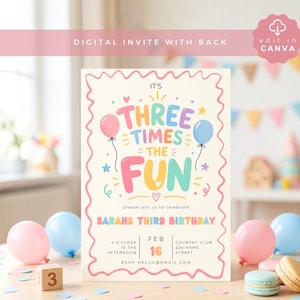 Peut inclure: Une invitation d'anniversaire colorée avec le texte "Three Times the Fun" et "Sarah's Third Birthday". Le design comprend des ballons pastel, des étoiles et une police ludique. Des détails supplémentaires incluent la date, l'heure et les informations RSVP.