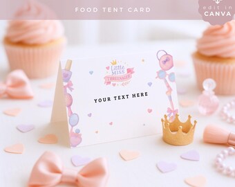 May include: A white folded food tent card featuring a pastel graphic design with a crown, nail polish, a mirror, and a handbag. The text reads Little Miss Threenager and Your Text Here. The card is surrounded by small paper hearts and a gold crown.