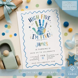 May include: A rectangular birthday invitation card with a wavy blue border, featuring a watercolor handprint in blue, green, and yellow. The text reads: HIGH FIVE, I'M FIVE! JAMES IS TURNING 5! JOIN US TO CELEBRATE FEB 16 AT THE COUNTRY CLUB.