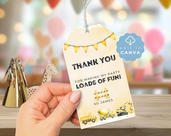 Construction Birthday Party Favor Tags, editable Dump Truck Labels, Personalized Thank You Tags, Kids Party, Digger, Loader, Boy, CONST