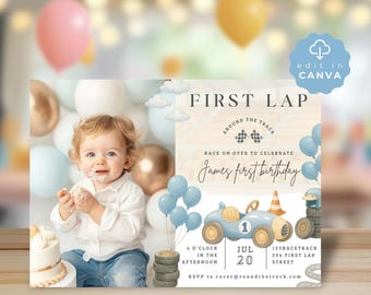 First Lap Around the Track Photo Invitation, Editable Race Car 1st Birthday Invite, Digital Download, Printable Card, Canva template, SPP29C