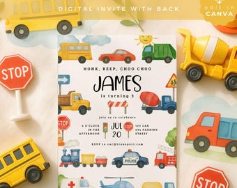 Transportation Birthday Invitation, Editable Honk Beep Choo Choo Train Truck Cars Party Invite Download, VEH04