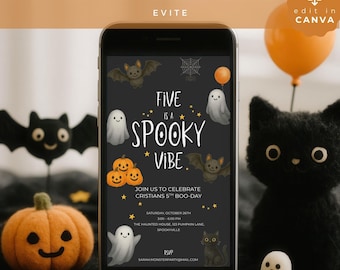 Five is a Spooky Vibe Halloween Birthday Mobile Invite, 5th Birthday Digital Template, phone Party Invitation, HALLOW