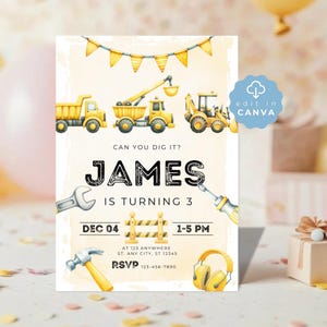 Editable Construction Birthday Invite, Dirty 3rd Party, Digger Truck, Instant Download, Dump Truck, Boy third invitation, Edit Canva, SPP01
