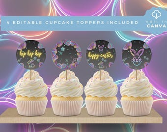 Glow in the Dark Easter Egg Hunt  Editable Neon Party Cupcake toppers, Instant Digital Download for Kids Celebration,  Bunny Fun, SPP16