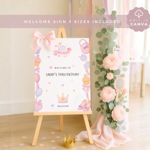 May include: A white rectangular birthday welcome sign on a wooden easel, featuring a pink bow, crown, and beauty-themed illustrations. The text reads: Little Miss Threenager, Welcome to Sarah's Third Birthday, and XXJULXX. Includes a Canva edit icon.