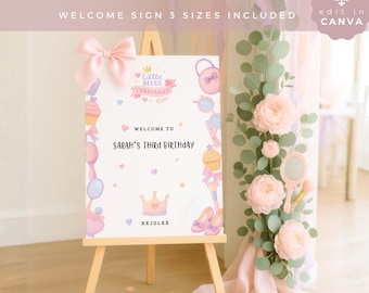 May include: A white rectangular birthday welcome sign on a wooden easel, featuring a pink bow, crown, and beauty-themed illustrations. The text reads: Little Miss Threenager, Welcome to Sarah's Third Birthday, and XXJULXX. Includes a Canva edit icon.