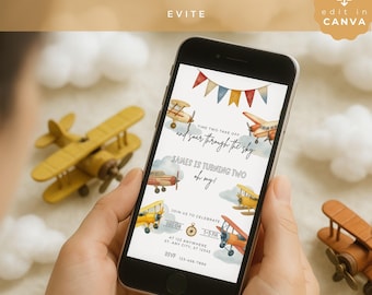 Time Two Take Off phone Invitation, Editable Airplane Birthday Invite for mobile, Canva Template, Boy 2nd Birthday Party, VEH03