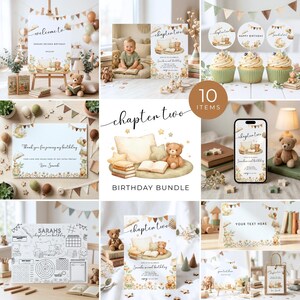 Può includere: Una collezione di decorazioni e articoli di cancelleria per feste di compleanno a tema orsetto. Gli articoli includono cartelli, inviti, decorazioni per cupcake e un tovaglietta da colorare. La combinazione di colori è morbida e neutra, con accenti beige, marroni e verdi.