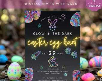 May include: A black invitation card featuring neon-style graphics of a rabbit, a carrot, and patterned eggs. The text reads: Join us for an electrifying Glow in the Dark Easter egg hunt, Sat 29 Mar, 3:00 PM - 5:00 PM, The Thompson Backyard, 456 Bunny Trail, Hoptown, RSVP by March 25th to easteregghunt@partyemail.com, Let's glow, hunt & have a blast!