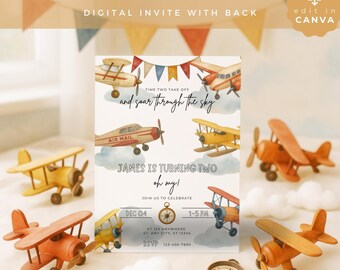 Time TWO Take Off Birthday Invitation, Editable Airplane Invite, Digital Download, Canva Template for Boys 2nd, VEH03