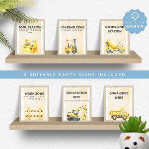 Lot d&#39;anniversaire de construction modifiable, panneaux décoratifs de fête de camion à benne basculante, téléchargement numérique, invitation de tout âge, décoration de station alimentaire, SPP01