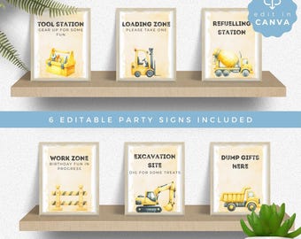Paquete de cumpleaños de construcción editable, letreros decorativos para fiesta de camión de volteo, descarga digital, invitación para cualquier edad, decoración de estación de comida, CONST