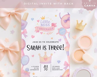 Invitación de cumpleaños para niña de tres años, invitación editable para el tercer cumpleaños, descarga digital, plantilla para fiesta de niña adorable, GIRL01