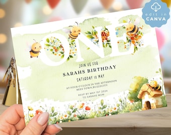 First Bee Day Digital Invite, Birthday Invitation, Editable 1st Canva template, Yellow bees, girl boy, Download, Cute honey theme,  SPP20