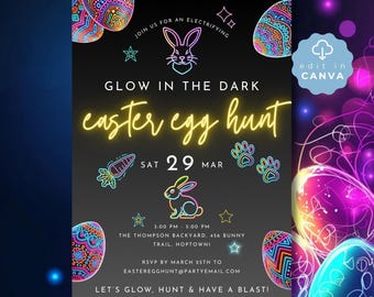 Glow in the Dark Easter Egg Hunt Invitation, Editable Neon Party Invite, Instant Digital Download for Kids Celebration,  Bunny Fun, SPP16