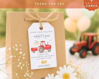 Bedankkaartjes voor een verjaardag met tractorthema, bewerkbare cadeaulabels met boerderijthema, printbare cadeaulabels voor jongens, digitale download, VEH02