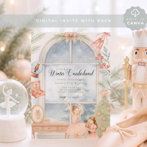 Winter ONEderland Invitation, Nutcracker Birthday Invite, Editable Template for Girl&#39;s Christmas Party Ballet Danser, CHR03