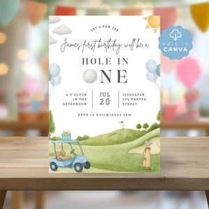 Golf First Birthday Invitation, Hole-in-One Golf Par-Tee Card Invite, Editable Digital Download for Party Invitations, Canva Template, SPP30