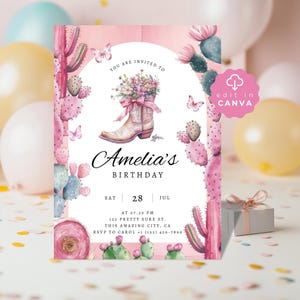 Pink Cowboy Boot Invitation, Printable Western Birthday Invite, Editable Canva Cowgirl Party Card, Rustic Theme Design, Digital,  SPP19