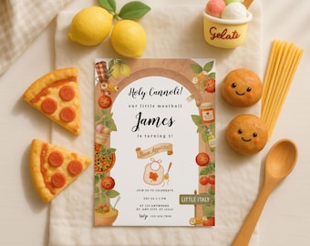 Może przedstawiać: Prostokątne zaproszenie na urodziny z ilustracją w stylu włoskim i tekstem Holy Cannoli! our little meatball James is turning 1!, otoczone rysunkami pizzy, gelato, cytryn i pomidorów na białym tle.