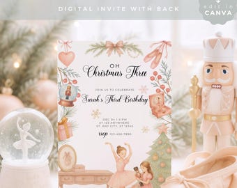 Inbjudan till tre födelsedagar med julgranskulor, redigerbar 3-årsdagsinbjudan, digital nedladdning, mall för julfest, CHR03