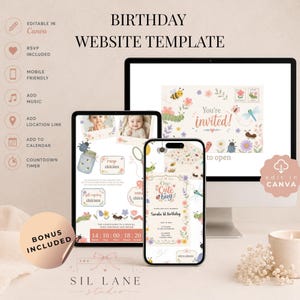 May include: A digital birthday website template displayed on a computer monitor, tablet, and smartphone. The design features colorful insect and floral illustrations, text reading 'You're invited!', 'One Cute Bug', and 'Sarahs 1st birthday', plus a countdown timer.