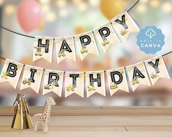 Banner de fiesta de cumpleaños de construcción, decoraciones para fiestas infantiles, tema de excavadora y camión volquete, personalizable en canva, banderines, 3.ª guirnalda, CONST