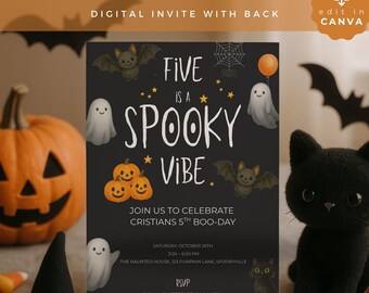 Five is a Spooky Vibe Halloween Birthday Invite, 5th Birthday Digital Template, Printable Party Invitation, HALLOW