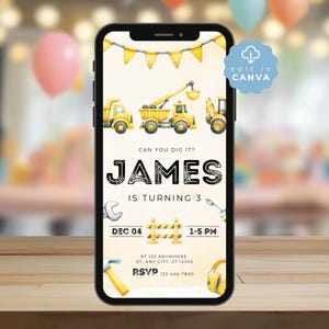 Digital Construction Birthday Invitation, Editable Phone Invite, Personalized Dirty 3rd Digger, Dump Truck, Instant Download, SPP01