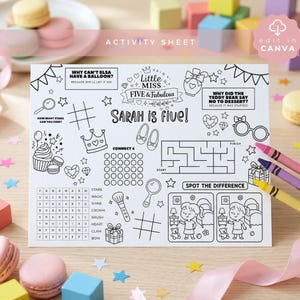 Little Miss Five and Fabulous Activity Sheet, Fifth Birthday Girl Placemat,  Printable, Coloring Mat, GIRL05