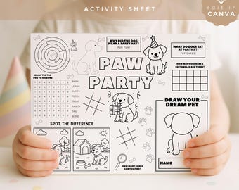 Dog Birthday Party Activity Sheet, Printable Coloring Fun for Kids, Dog Party Favor, Digital Download, PAW